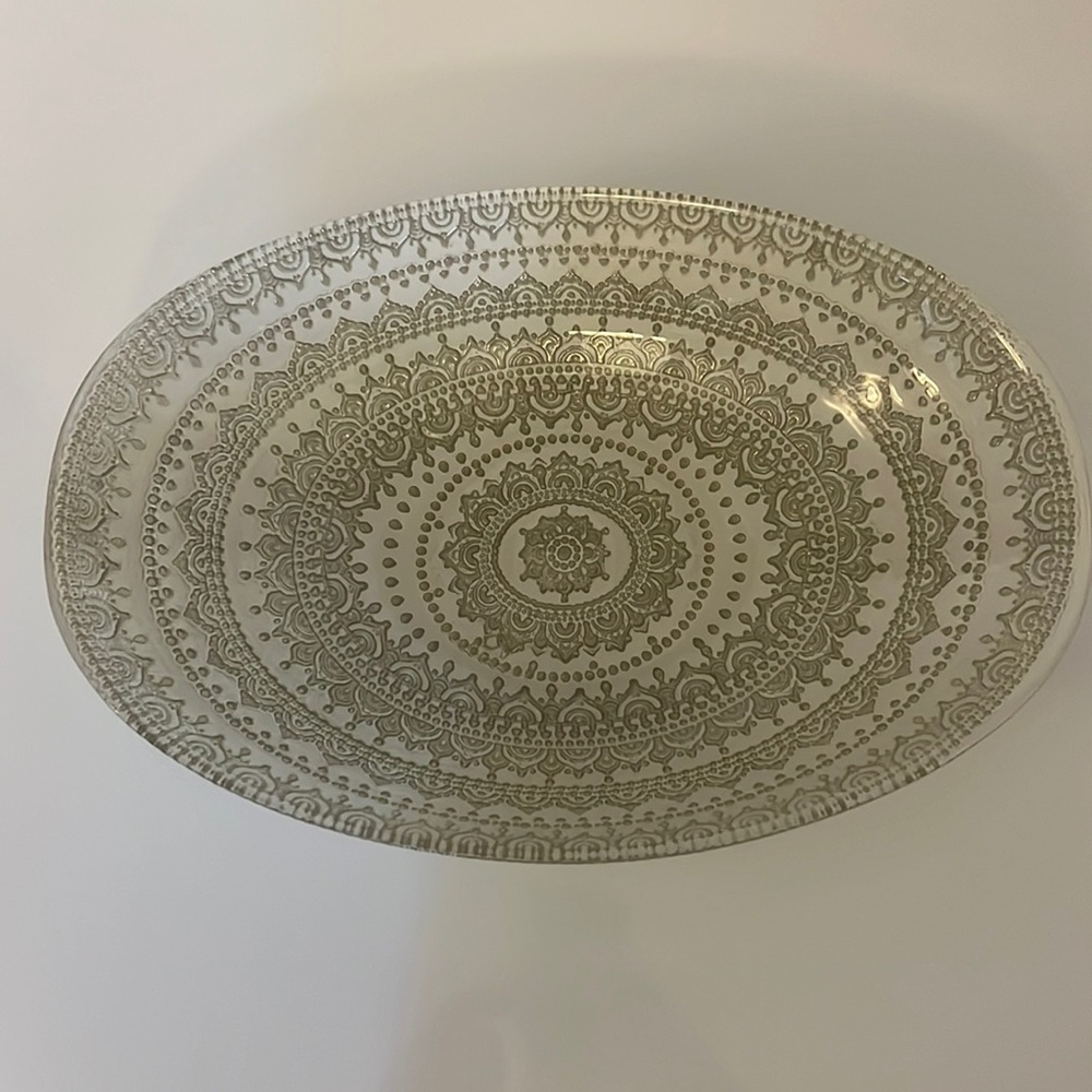 Oval Bowl Glass Metallic Silver White Patterned Fruit Serving Decor Never Used